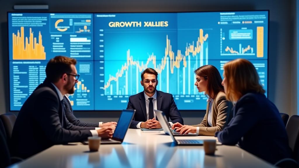 Une équipe professionnelle se réunissant autour d'une table, discutant de stratégies de croissance avec des graphiques d'affaires en arrière-plan.
